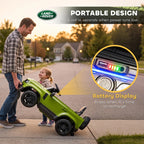 Green kids ride-on car near a child; battery display on control panel is visible