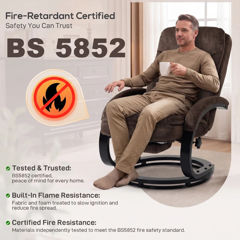 Dark brown velvet swivel recliner chair with rounded base and fire-retardant design