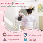 Kids vanity table set with bunny mirror, pink drawer front, and matching stool
