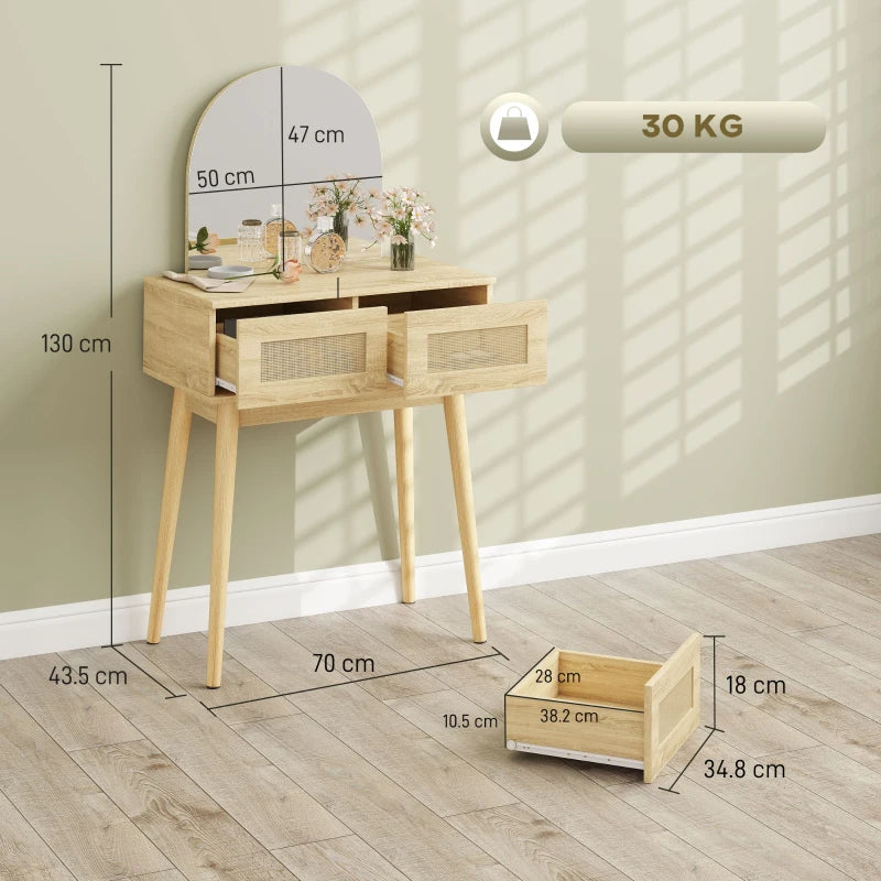 Natural wood vanity desk with arched mirror, two drawers, and size layout