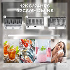 White ice maker machine showing ice tray loading steps and control indicator panel