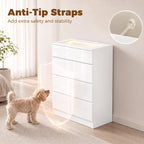 White 4-drawer chest with anti-tip straps for stability and glass-top display lid