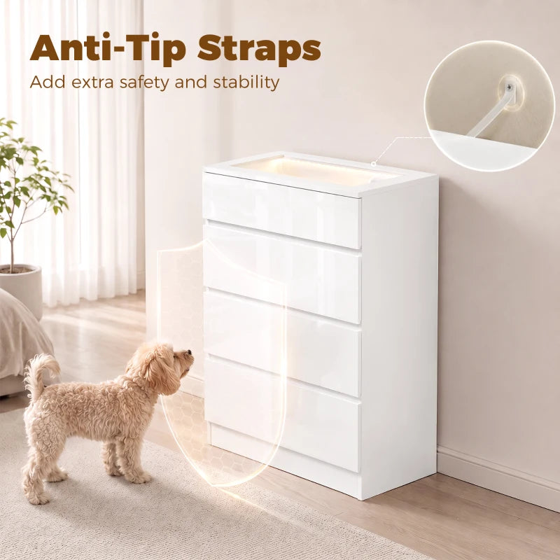 White 4-drawer chest with anti-tip straps for stability and glass-top display lid