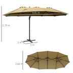 Khaki rectangular double-sided patio parasol with base and labeled dimensions