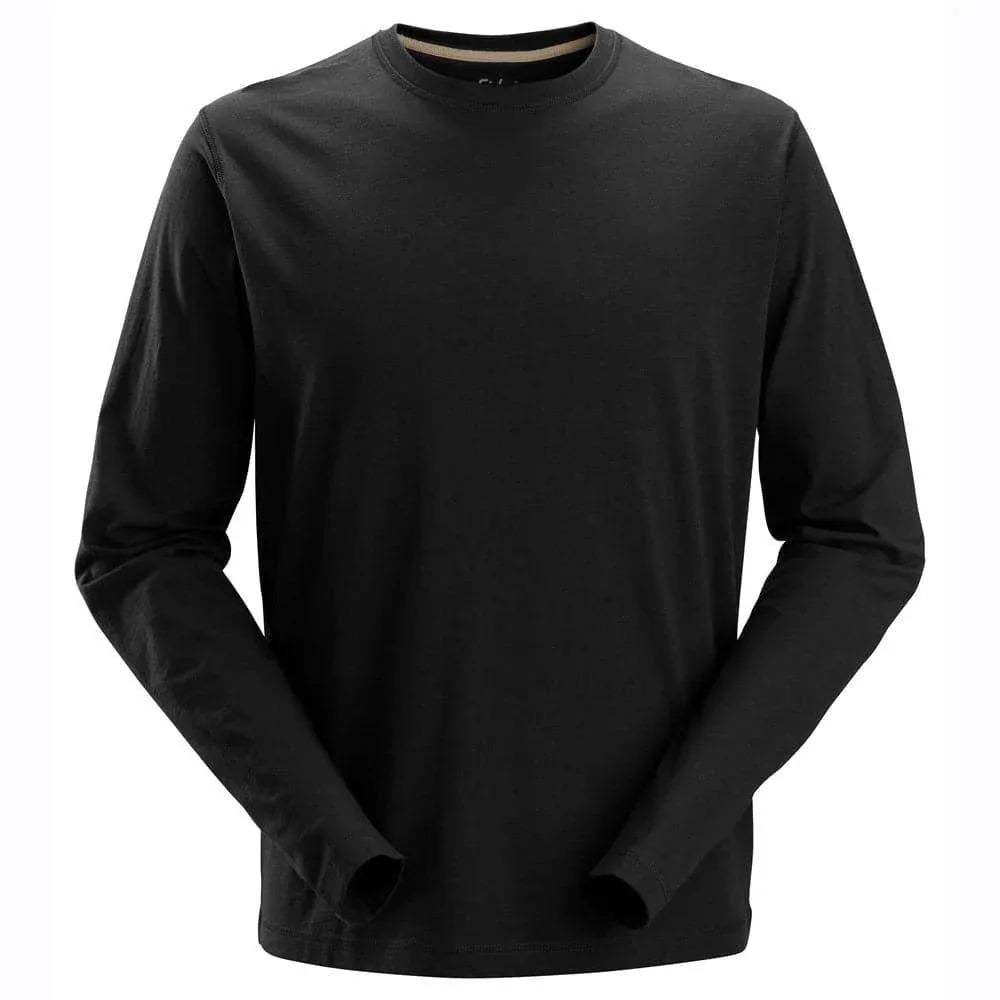 Black long-sleeve crewneck work t-shirt with smooth neckline and cuffs.