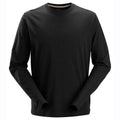 Black long-sleeve crewneck work t-shirt with smooth neckline and cuffs.