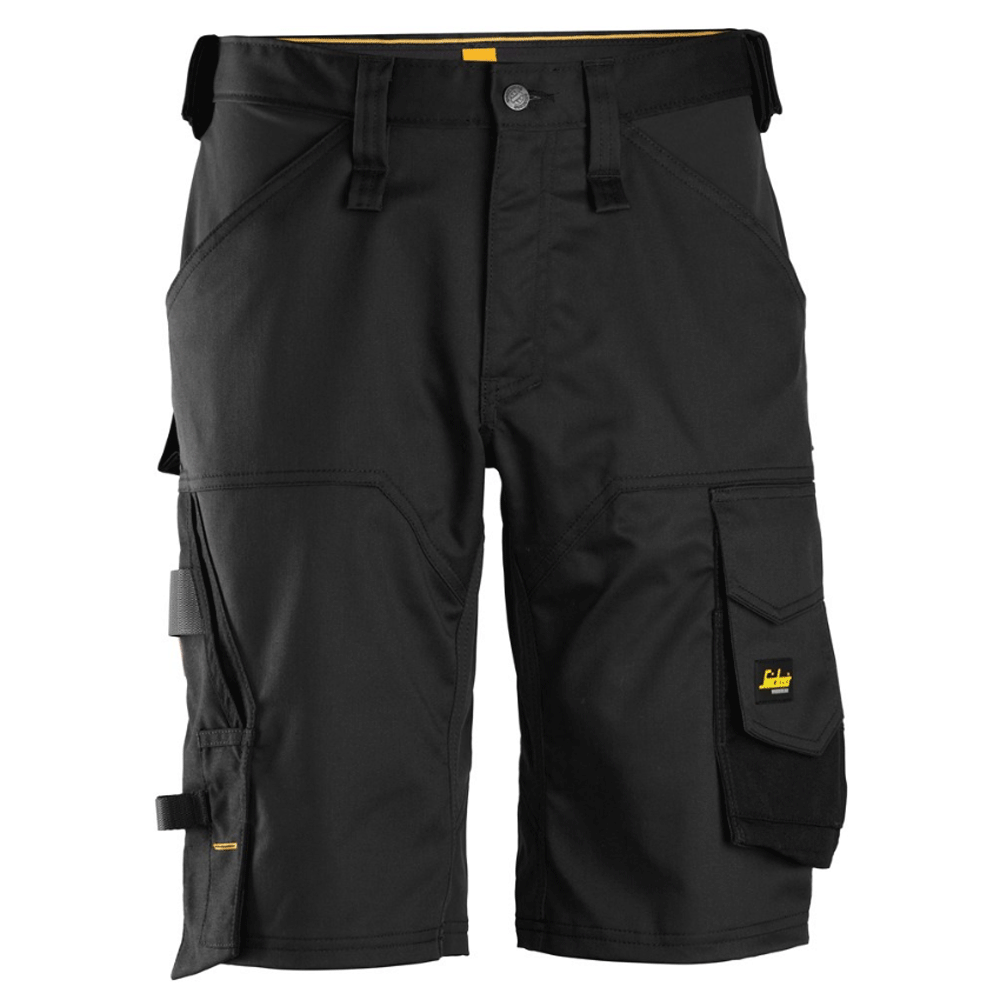 Black stretch loose-fit work shorts with cargo side pockets and belt loops