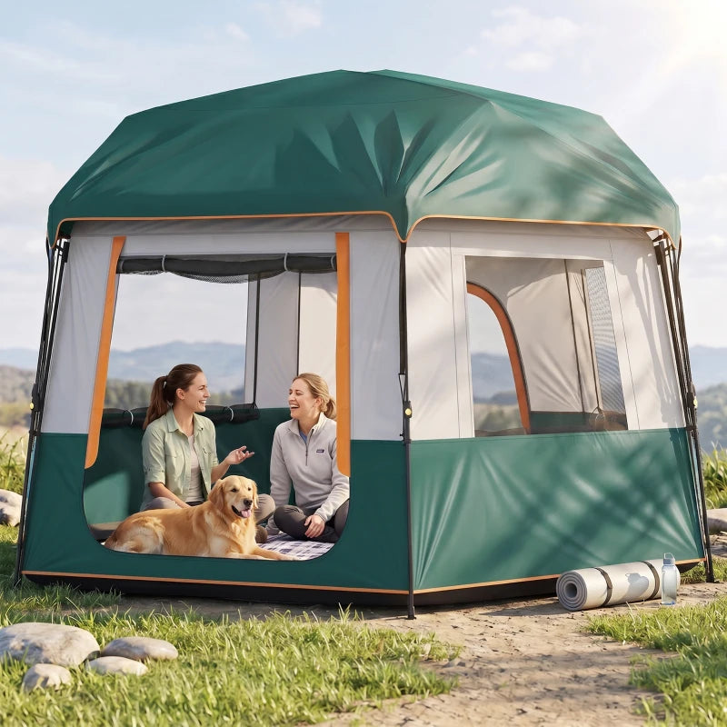 Green cabin tent exterior with wide front opening and orange-trimmed doorway