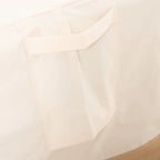Beige side panel of outdoor furniture cover with stitched reinforcement and flap.