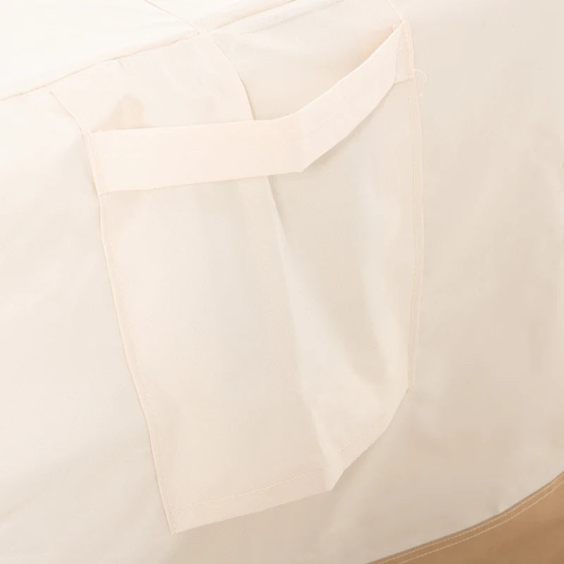 Beige side panel of outdoor furniture cover with stitched reinforcement and flap.