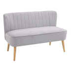 Light grey velvet two-seat sofa with tall channel back and wooden legs