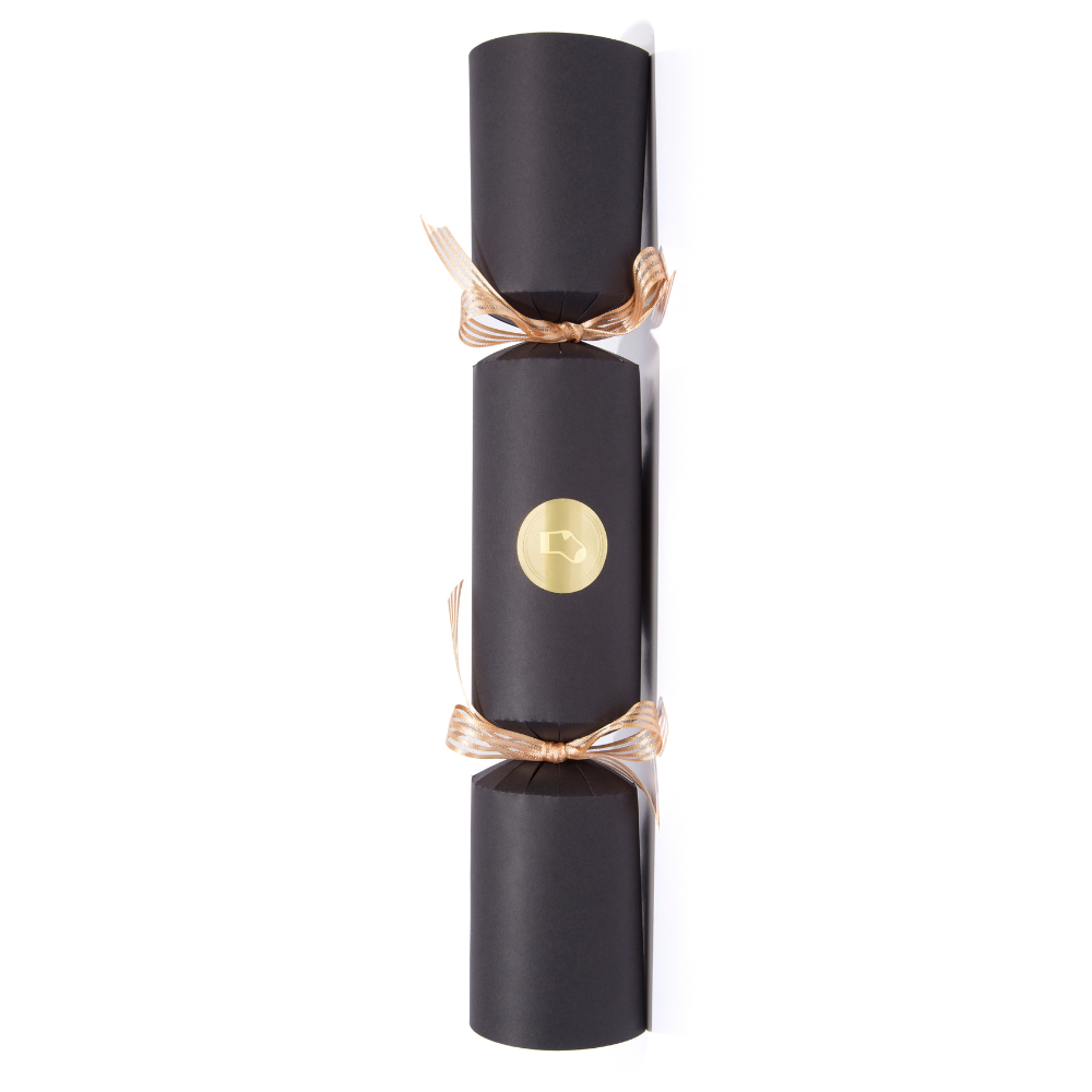 Black Christmas cracker with gold accents on a white background