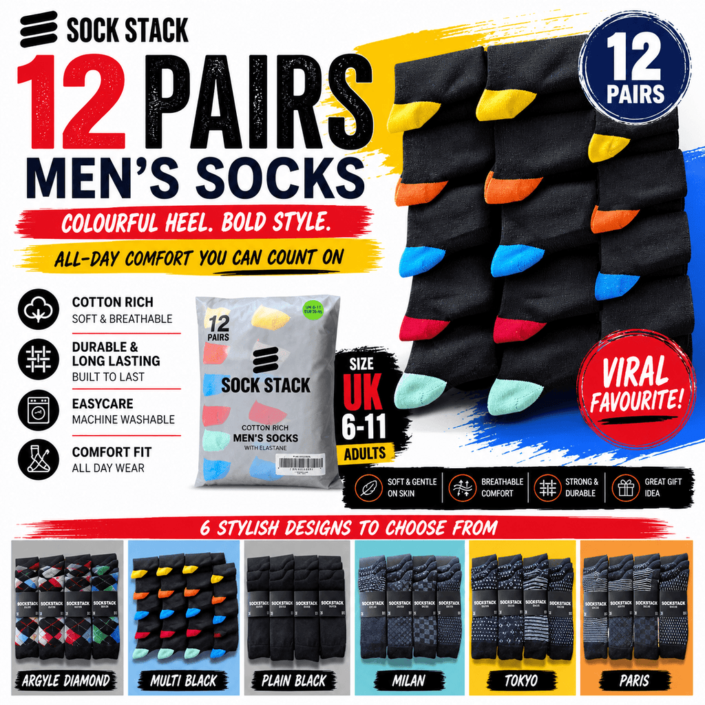 12 Pairs Men's Soft Cotton Colourful Heel Toe Black Argyle Diamond Easycare Comfortable Shoe Socks Flat Toe Seam Durable Work School Business Wear UK 6-11