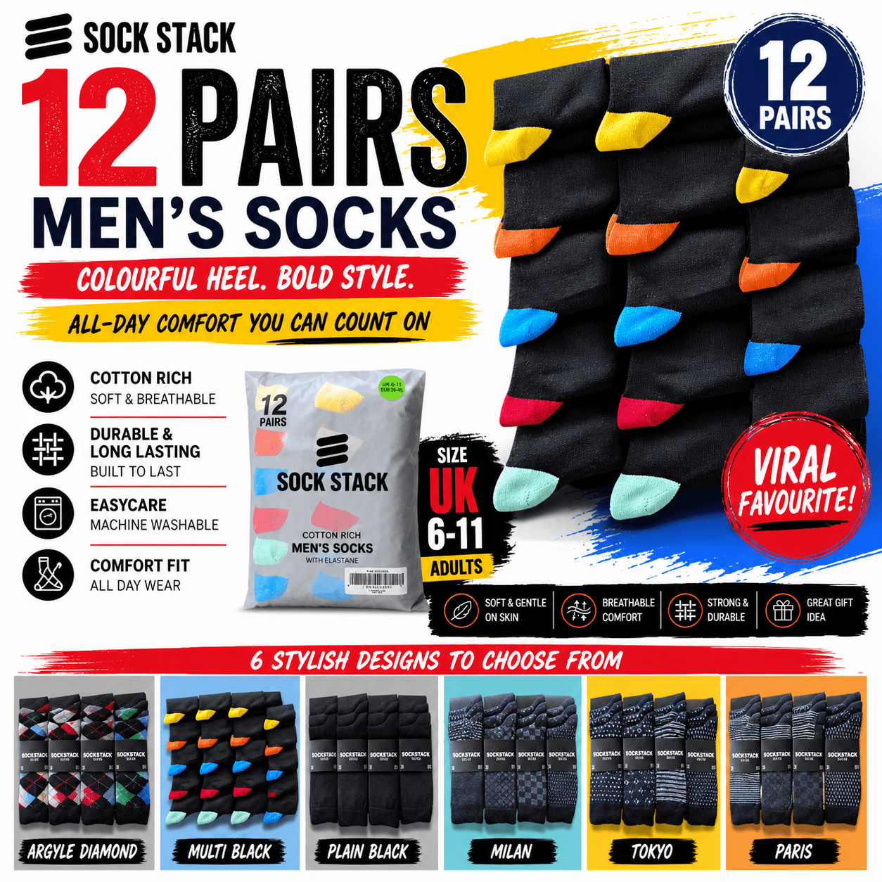 12 Pairs Men's Soft Cotton Colourful Heel Toe Black Argyle Diamond Easycare Comfortable Shoe Socks Flat Toe Seam Durable Work School Business Wear UK 6-11