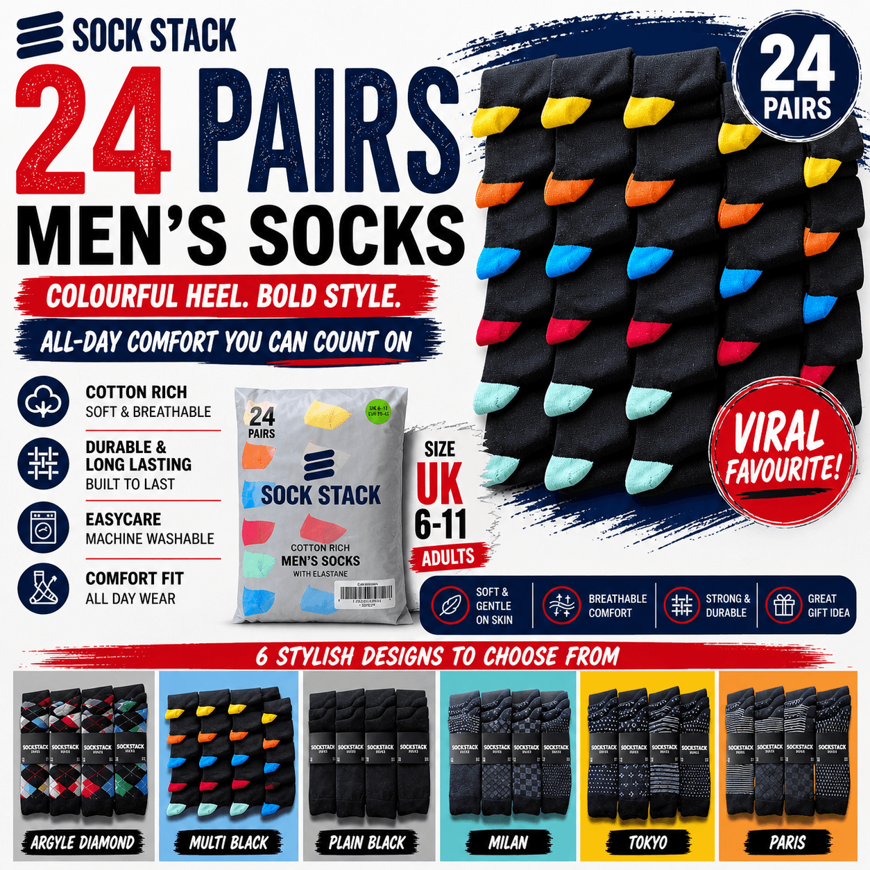 24 Pairs Men's Soft Cotton Colourful Heel Toe Black Argyle Diamond Easycare Comfortable Shoe Socks Flat Toe Seam Durable Work School Business Wear UK 6-11