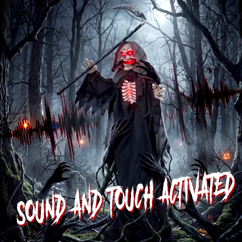 Animated grim reaper with black tattered robe, red glowing eyes, and lit ribcage