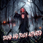 Animated grim reaper with black tattered robe, red glowing eyes, and lit ribcage