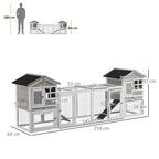 Grey rabbit hutch-and-run with two side houses, wire mesh panels, ramp, black roofs