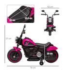 Pink and black kids electric motorbike with training wheels, shown in size diagram