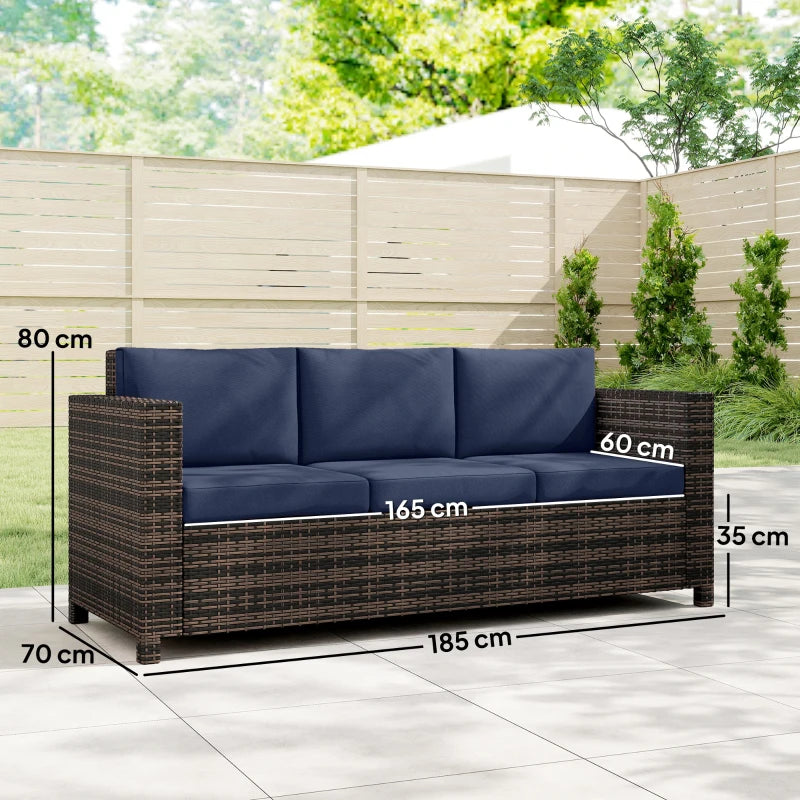 Outdoor 3-seater rattan sofa with dark blue cushions and woven armrests