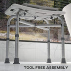 White shower stool frame with shower head holder mount and height-adjustable legs