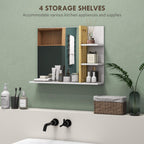 Bathroom mirror with bamboo shelf cabinet and multiple open storage levels on the right