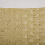 Brown woven fibre privacy screen divider panel detail with vertical frame seam