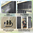 Metal shed feature view: vents, lock and keys, and double sliding doors