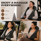 Black neck and shoulder heat massage wrap with control panel, used on seated person