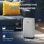 Compact white dehumidifier on casters with top air vent and front grille.