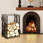 Black log rack with tree-pattern panels beside a burning fireplace, loaded with firewood
