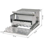 Silver automatic chicken feeder with open trough and textured anti-spill landing pad