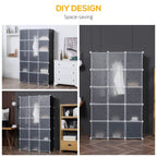 Modular storage wardrobe cabinet with gray panels and white connectors shown in multiple angles