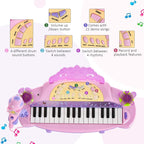 Pink mini electronic keyboard with colorful control buttons and sound/record icons