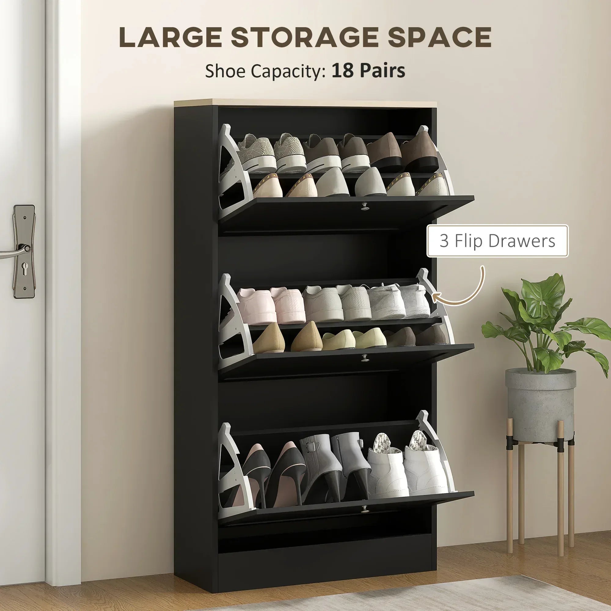 Modern Compact Three-Drawer Shoe Storage Cabinet - Black - Bobobiy