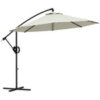 Cream cantilever patio parasol with cross base, closed canopy and curved support arm