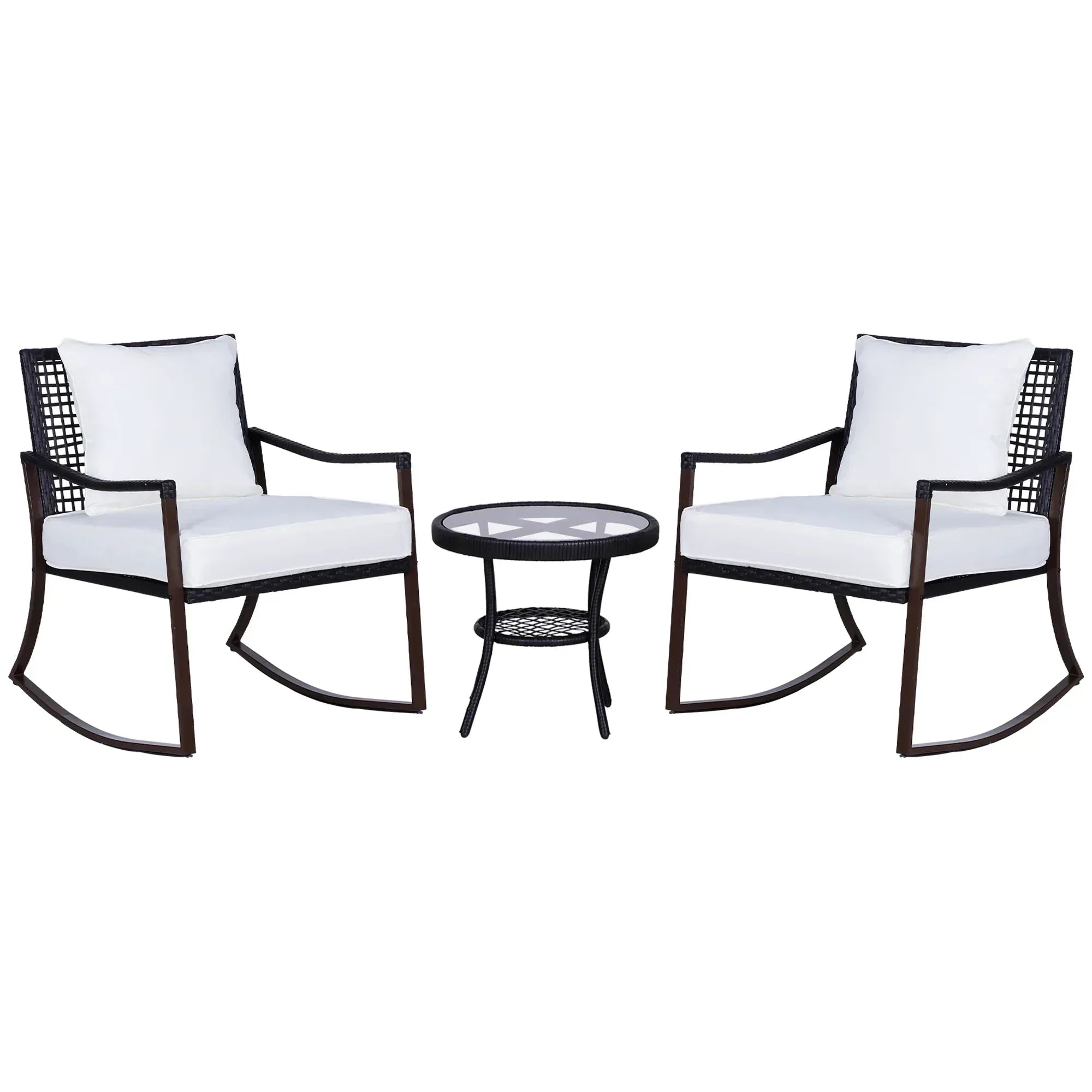 Rattan Bistro Set, 3 Pieces Wicker Garden Furniture Set with Rocking Chairs and Round Glass Top Coffee Table, Small Balcony Furniture with Cushions for Outdoor, Porch, Brown - Bobobiy