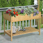 Natural wood 8-compartment planter stand with slatted shelf and flowers, oak tone