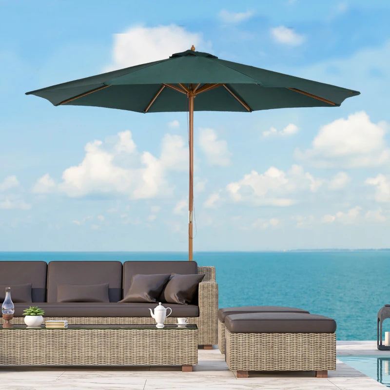 3(m) Wooden Patio Umbrella, Pulley Operated Garden Parasol with Rope Pulley Mechanism and 8 Ribs, Dark Green