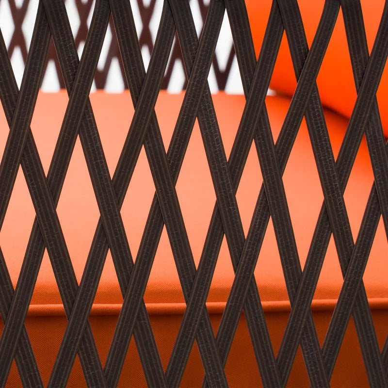 Dark brown rattan lattice backing with orange cushion visible underneath