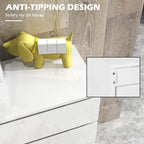 White 5-drawer dresser detail with anti-tipping safety design on the base