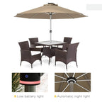 Khaki solar LED parasol over patio dining set with night light on pole