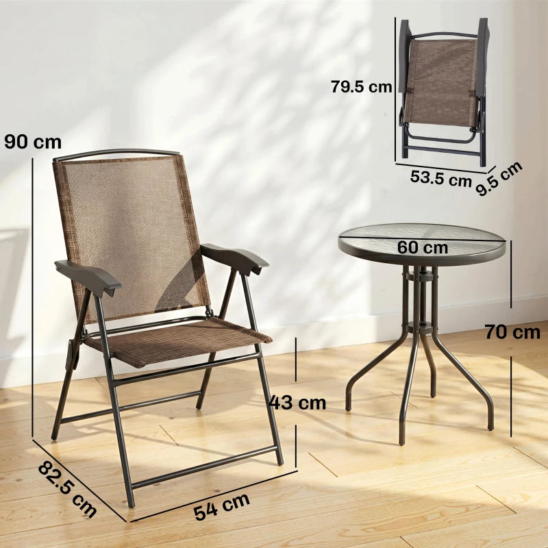 Outdoor bistro set with folding armchair and round glass-top table; labeled sizes