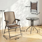Outdoor bistro set with folding armchair and round glass-top table; labeled sizes