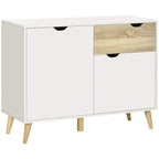 White sideboard cabinet with two doors and one drawer, light wood legs