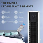 White air cooler tower with black grille, LED display, and included remote