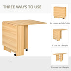Teak drop-leaf folding table shown in different leaf positions with storage cabinet base