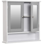 Bathroom wall storage cabinet with one door open, showing grey interior shelves