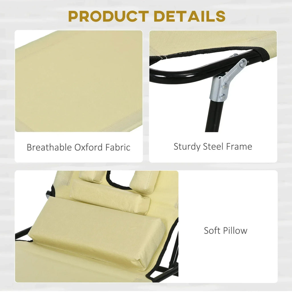 Folding Sun Loungers Set of 2 with Face Hole, 4-Position Adjustable Backrest Garden Recliner Chairs Sunbeds, Outdoor Lounge Chairs with 600 D Oxford Cloth Seat, Pillow for Beach, Beige - Bobobiy