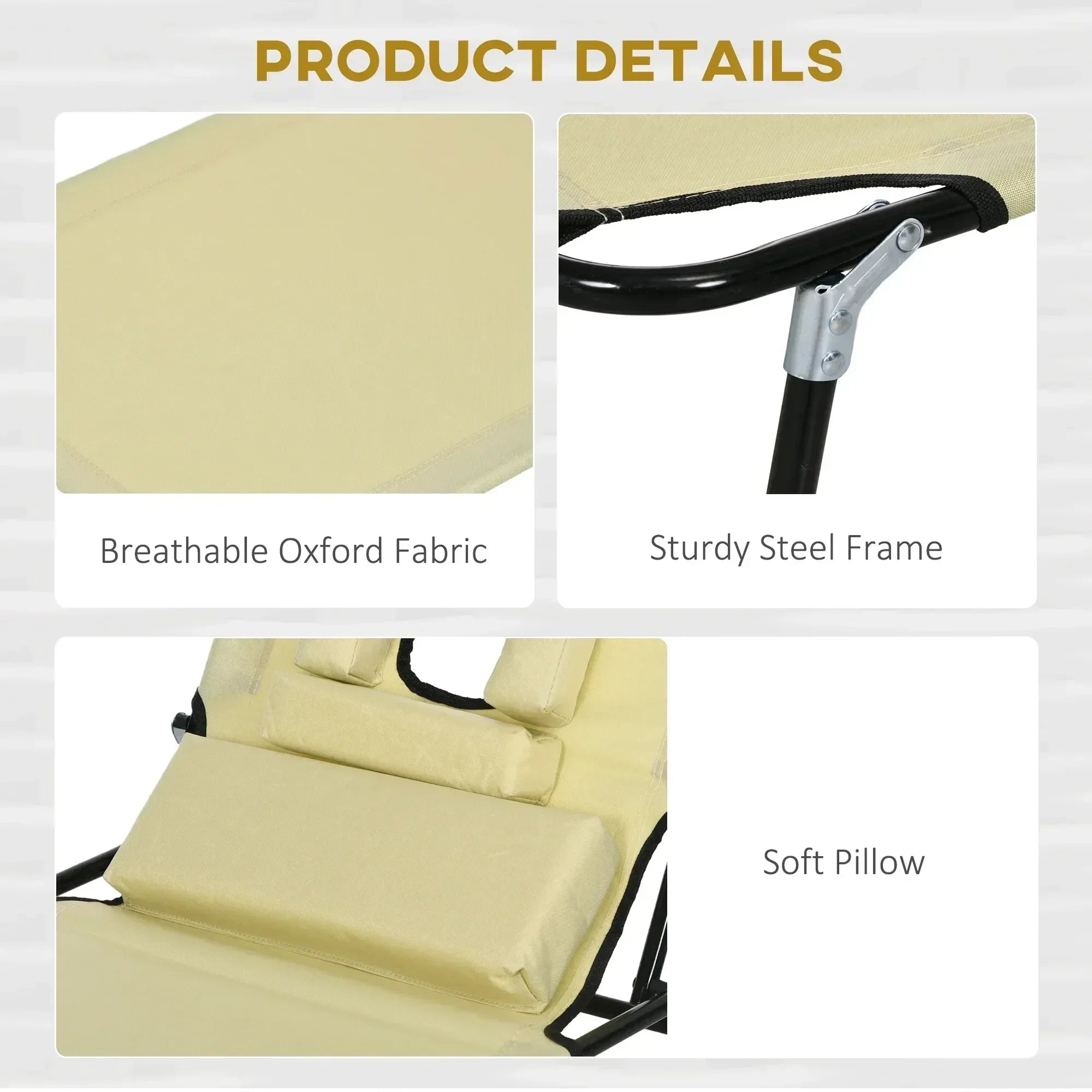Folding Sun Loungers Set of 2 with Face Hole, 4-Position Adjustable Backrest Garden Recliner Chairs Sunbeds, Outdoor Lounge Chairs with 600 D Oxford Cloth Seat, Pillow for Beach, Beige - Bobobiy
